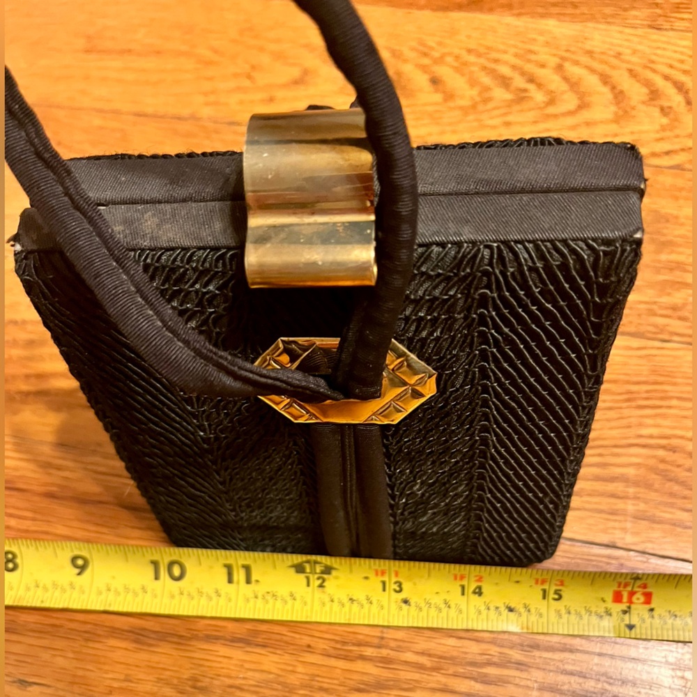 Vintage 1950s Black Corde Rigid Box Purse MCM Gold Geometric Clasp Evening Bag - Picture 14 of 17